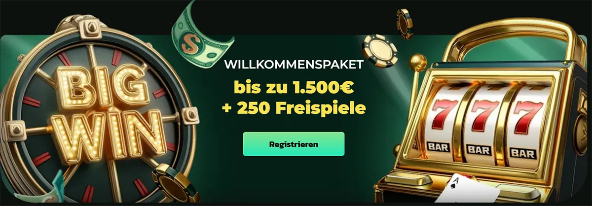 German welcome bonus banner featuring a “Big Win” wheel, a 777 slot machine with floating cash and chips, and text offering up to €1,500 plus 250 free spins with a “Registrieren” button.
